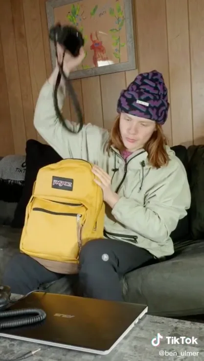 Still of TikTok from creator Ben Ulmer with a yellow JanSport backpack