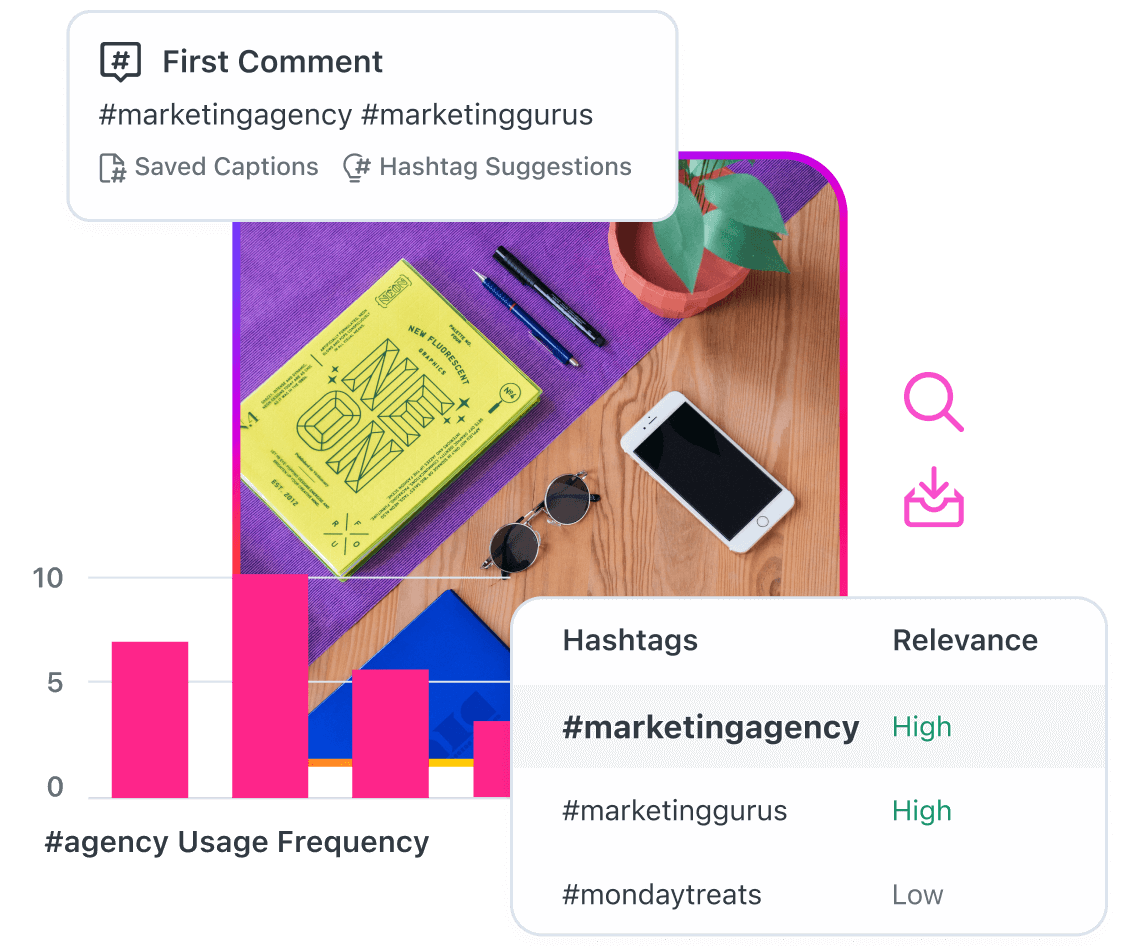 Usa las herramientas de hashtags de Instagram de Later para encontrar hashtags relevantes, agregar tu primer comentario y evaluar el desempeño de los hashtags.