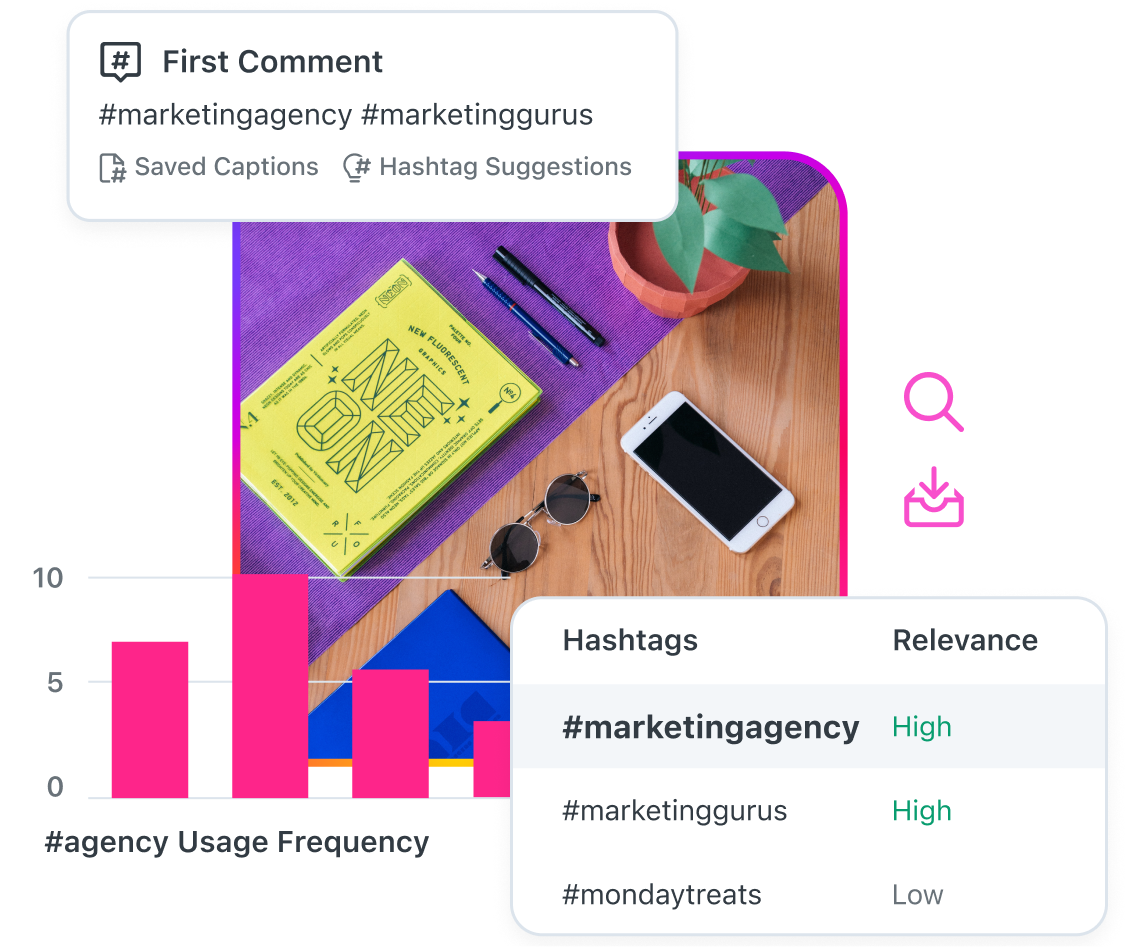 Usa las herramientas de hashtags de Instagram de Later para encontrar hashtags relevantes, agregar tu primer comentario y evaluar el desempeño de los hashtags.