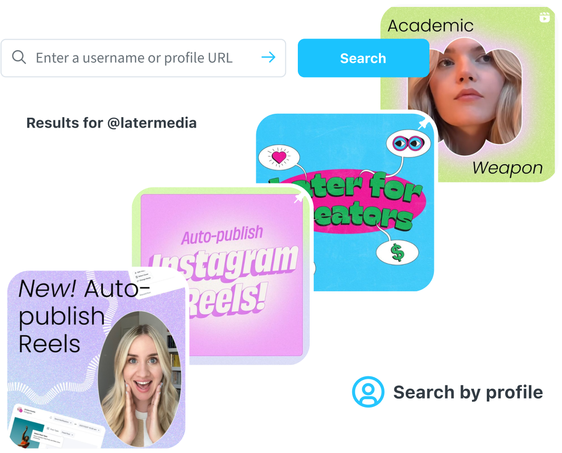 A user adds content from the Later Media Instagram account to their media library using Search by Profile