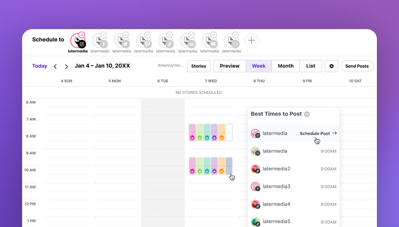 Later's smart scheduling view highlighting trending topics and recommended posting times based on audience activity.