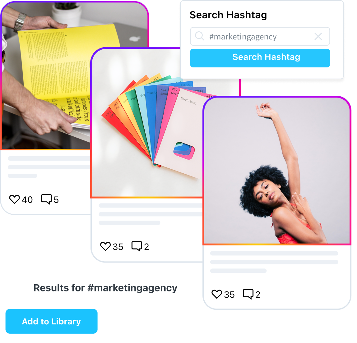 User searches by hashtag to find UGC to share to their social feeds