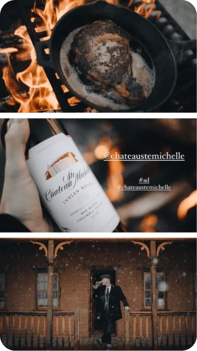Three images from an Instagram story featuring Ste Michelle wine, a fire broiled steak, and someone drinking wine in the snow