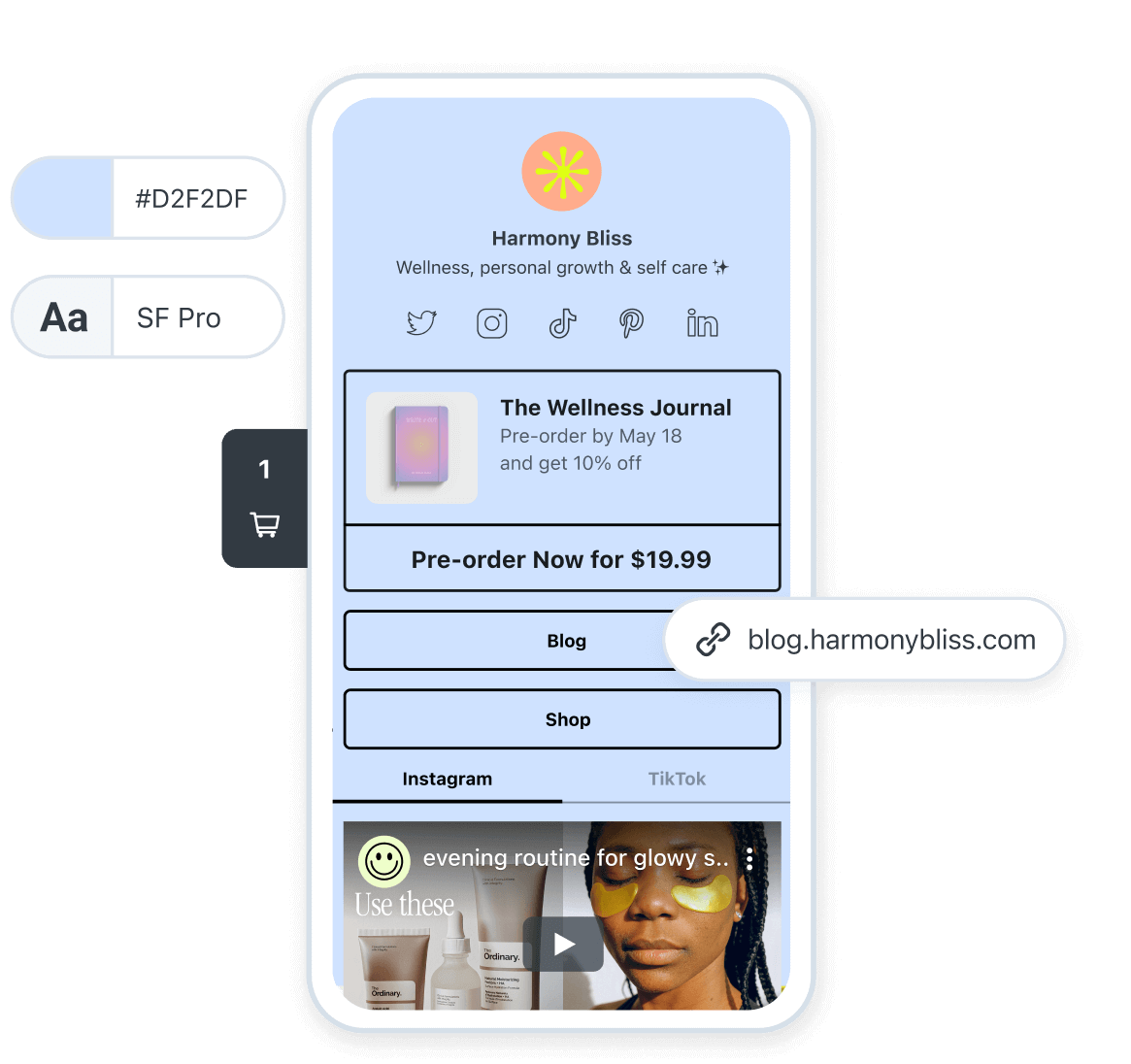 Wellness brand Harmony Bliss customizes their Later link in bio page to drive social media traffic to their blog