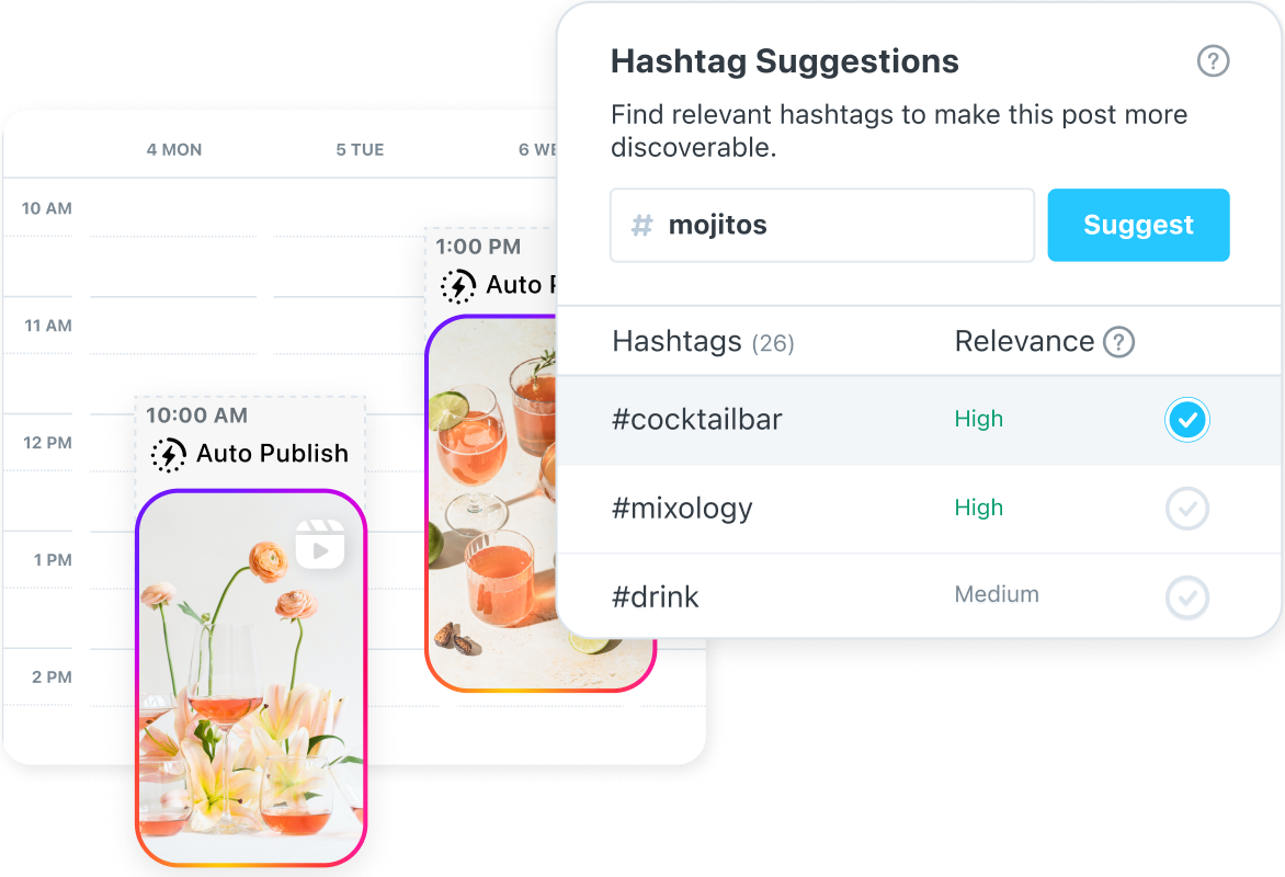 Local Mojitos publica sus Reels en su mejor hora personalizada y utiliza la herramienta de sugerencia de hashtags para investigar hashtags