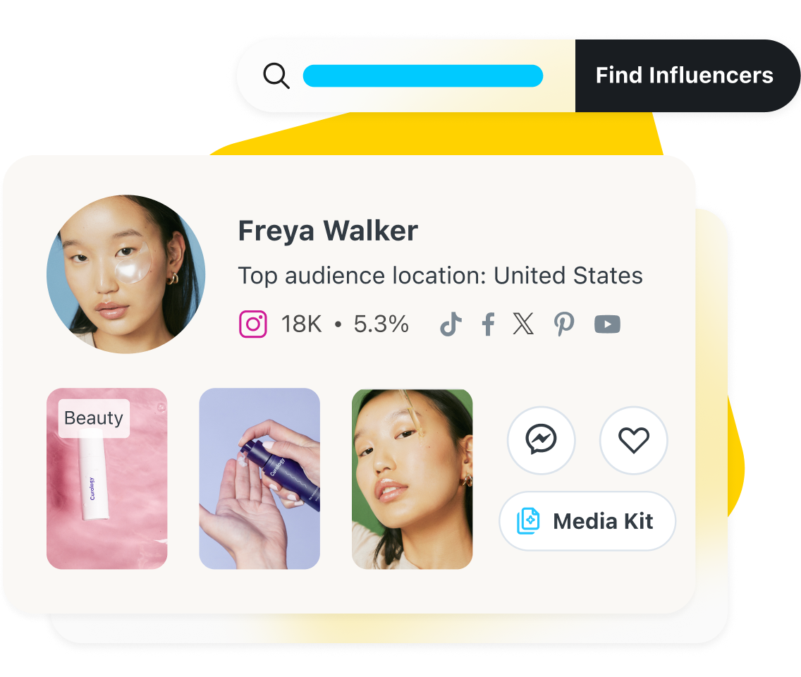 Beauty influencer profile and find influencers search bar within the Later platform