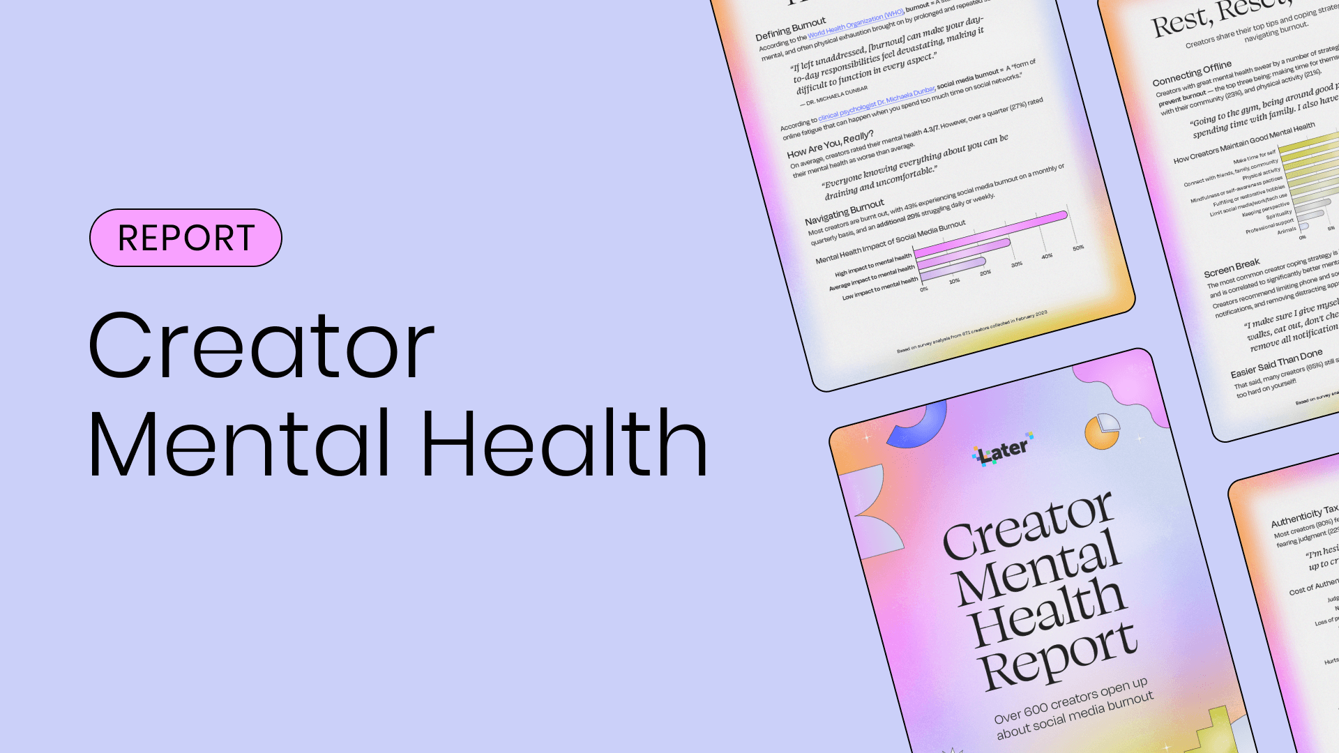 Thumbnail image showing the title “creator mental health report” beside sample pages of the report.