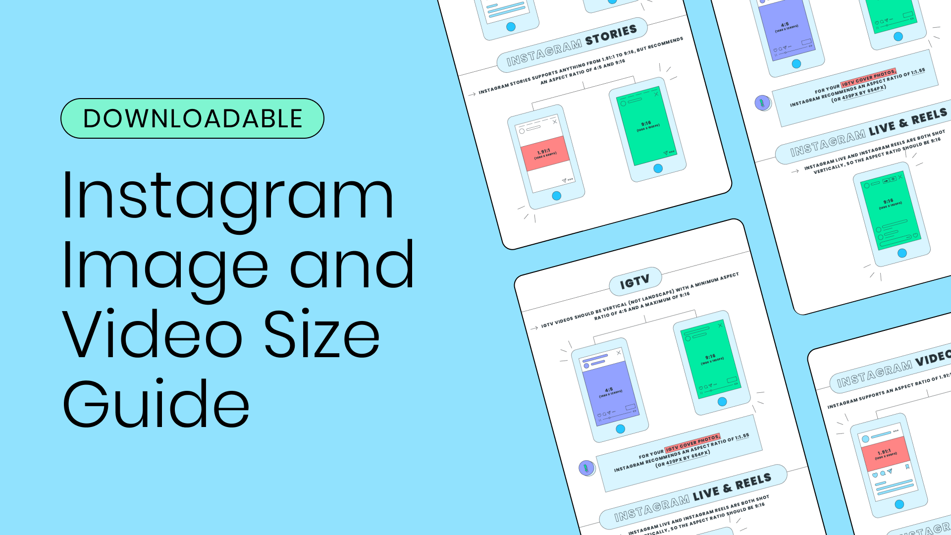Image reading Downloadable Instagram Image and Video Size Guide with graphic of guide