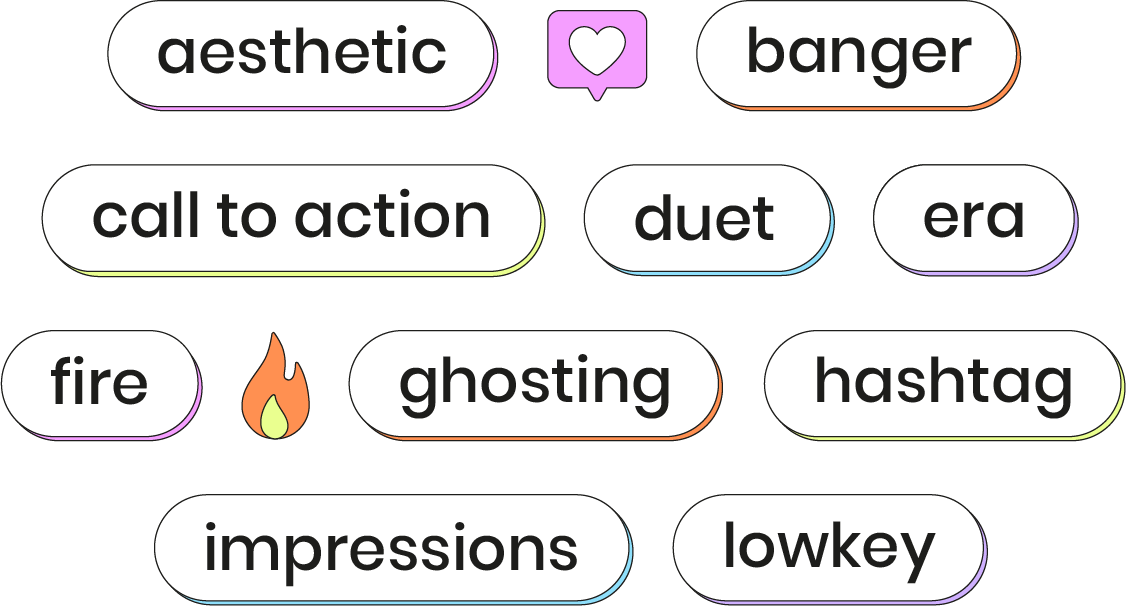 Decorative image with 10 examples of social media glossary terms, a fire emoji and a heart emoji
