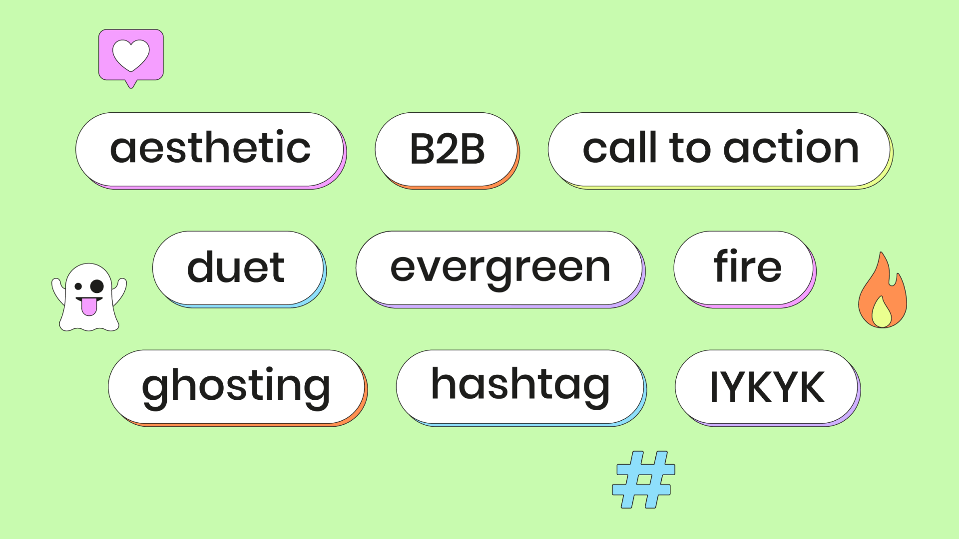 Thumbnail with bubbles of text reading popular social media terms "aesthetic", "banger", "call to action", "duet", "era", "fire", "ghosting", "hashtag", "impressions", and "lowkey."