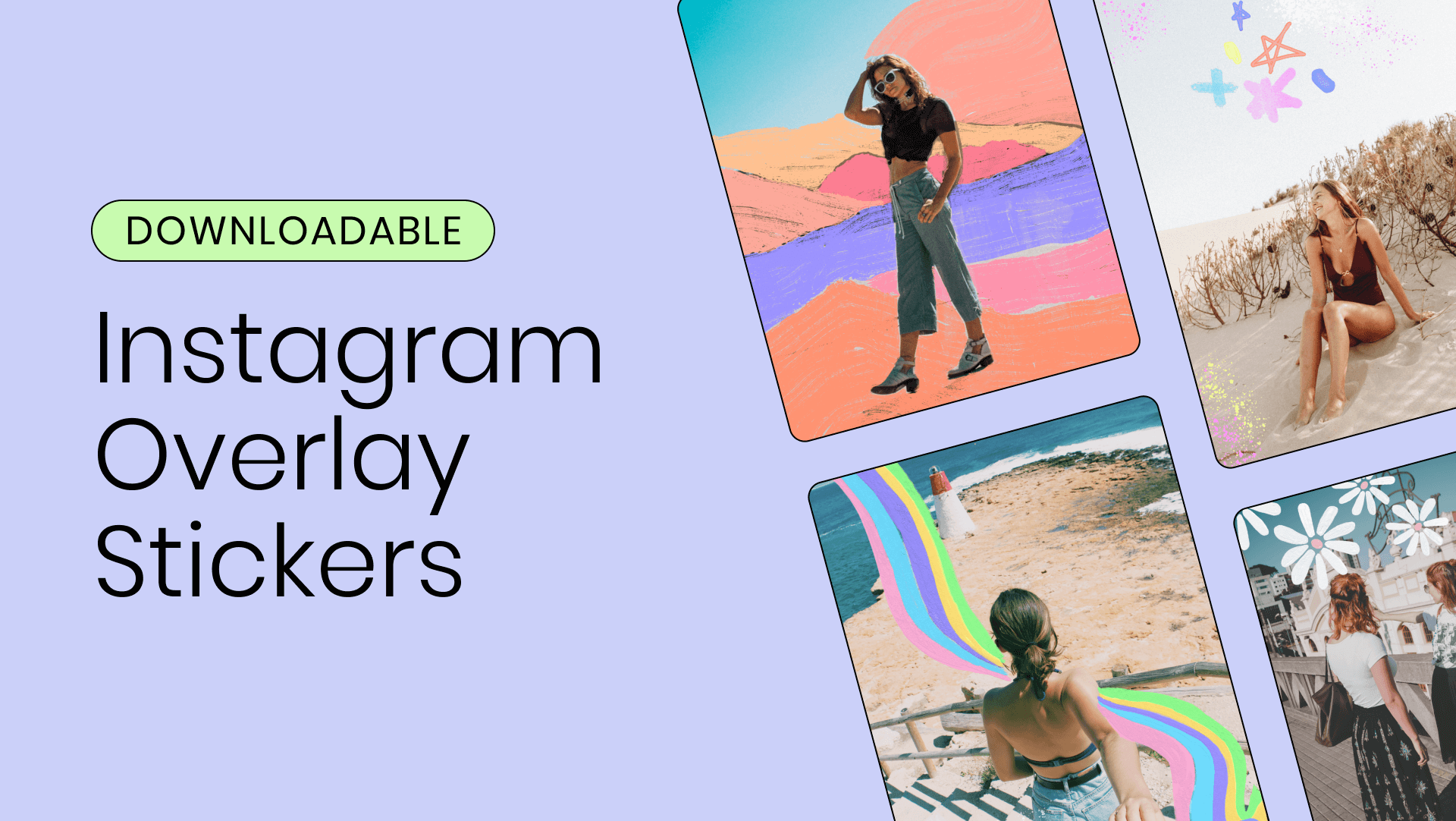 Text reading Instagram Overlay Stickers over background of images of women with aesthetic overlay stickers