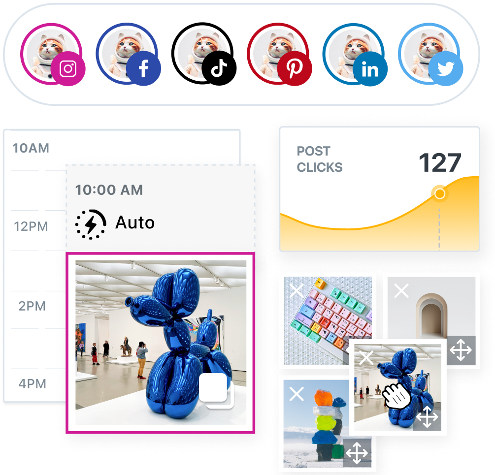Later social media management platform highlighting the Auto Publish, Visual Planner and multi-platform scheduling features