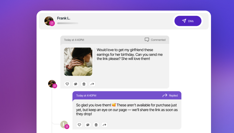 Later's unified inbox showing unread comments and direct messages collected in a single prioritized feed.