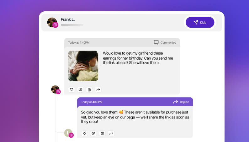 Later's unified inbox showing unread comments and direct messages collected in a single prioritized feed.