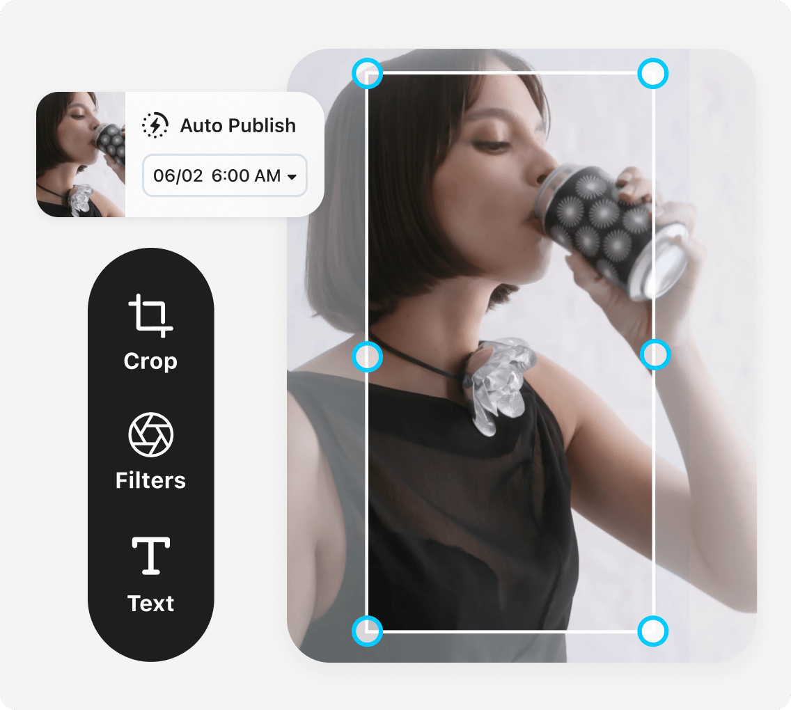 Holy Pop brand crops an image of a creator drinking their soda in the Later Media Library and schedules the post to publish in advance to Snapchat