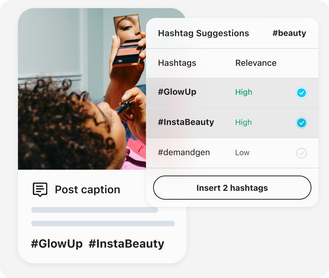 Beauty brand searches for relevant hashtags with the Later Hashtag Suggestions tool