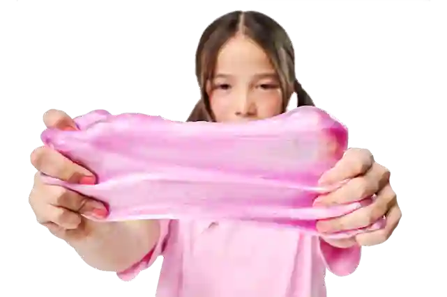 A girl stretches pink slime with both hands.