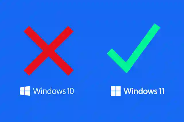 Windows 10 -logo ja punainen iso X kuvaa ohjelman loppua. Windows 11 -logo ja iso vihreä V joka kuvaa jatkuu ohjelman jatkoa.