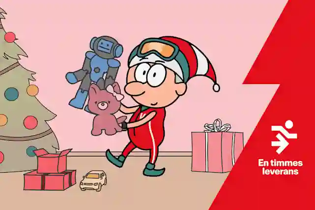 En jultomte presenterar leksaker bredvid julgranen och julklapparna. Leverans inom en timme.