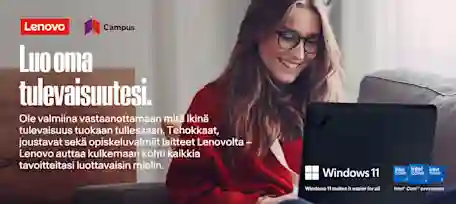 Kuvassa sohvalla istuva nainen sylissään Lenovon ThinkPad läppäri. Yläkulmassa Lenovon ja Lenovo Campuksen logot. Kuvassa otsikko: Luo oma tulevaisuutesi. Lisäksi kuvaava teksti Lenovon opiskeluvalmeista laitteista. Kulmassa kuva Intel prosessoreista.