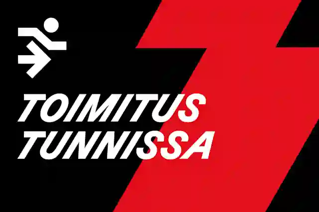 Valkoinen logo jossa juokseva henkilö. Alapuolella teksti:"Toimitus tunnissa".