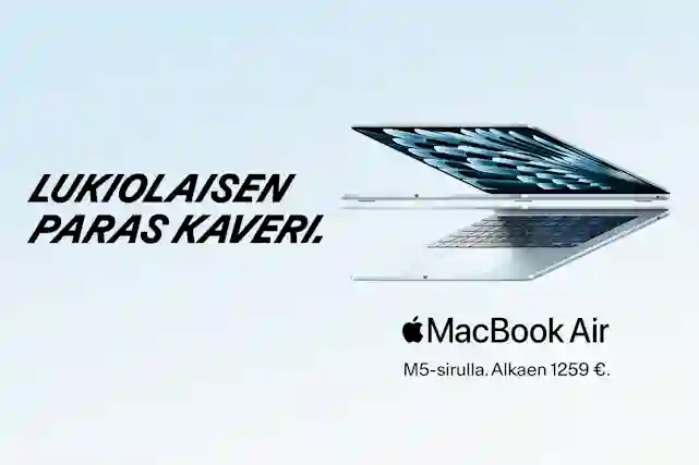 Two silver MacBook Air laptops on a reflective surface. Text: High schooler's best friend. With M5 chip. Starting at 1259 euros.