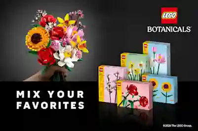 LEGO Botanicals bouquet and product packages featuring sunflowers, roses, tulips, and cherry blossoms.
