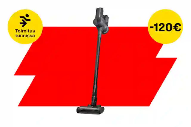 Ströme PowerClean Stark varsi-imuri punaisella taustalla. Vasemmalla keltainen huomiopallo, jossa lukee ‘Toimitus tunnissa’, ja oikealla keltainen huomiopallo, jossa lukee ‘-120 €’.