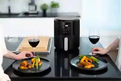 Kaksi ruokailijaa. Heillä edessän lautaset jossa valmis ruoka. Juomaksi on punaviiniä. Strömen airfryer on pöydällä. Siinä on tehty nämä herkulliset annokset.