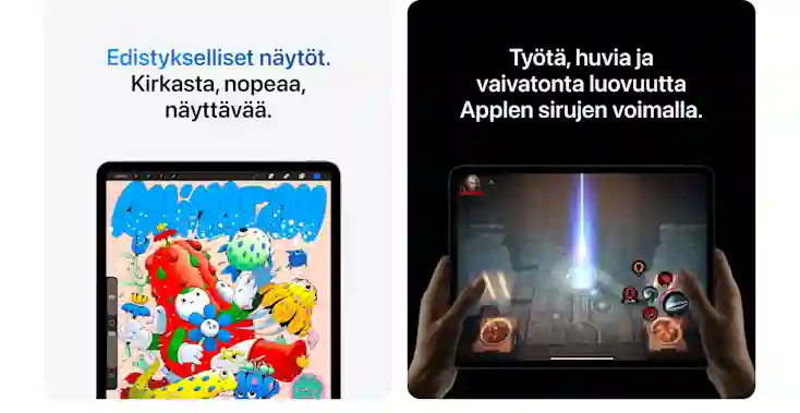 On the left, a tablet with colorful drawings. On the right, hands holding a tablet with a game view.