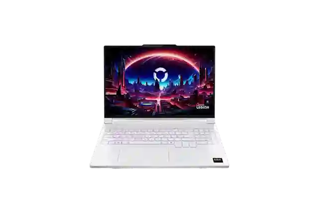 Valkoinen Lenovo Legion 7 -slim pelikannettava, jonka näytöllä futuristinen pelimaisema violettisävyisenä.