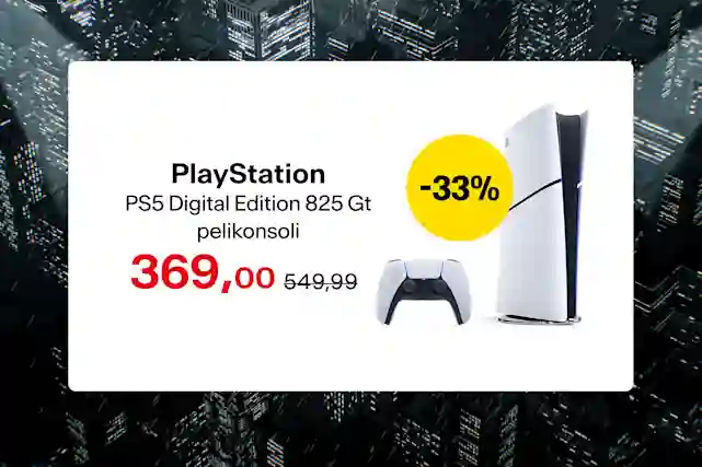 Teksti:"PlayStation PS5 Digital Edition 825 Gt pelikonsoli 379 €. -31 % norm. 549,99 €". Taustalla synkkä ja sateinen kaupunki Mustan Perjantain hengessä.