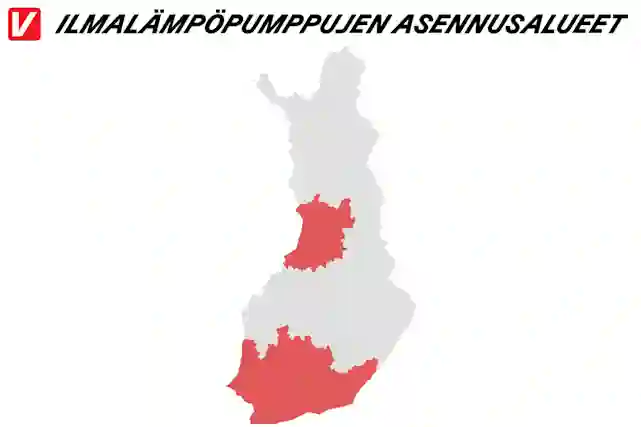Ilmalämpöpumppujen asennusalueet Verkkokauppa.comilla. Kuvassa Suomen kartta, johon alueet merkitty punaisella.
