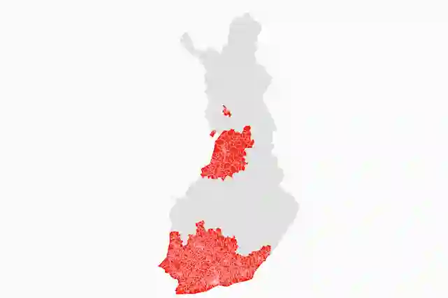 Ilmalämpöpumppujen asennusalueet Verkkokauppa.comilla. Kuvassa Suomen kartta, johon alueet merkitty punaisella.