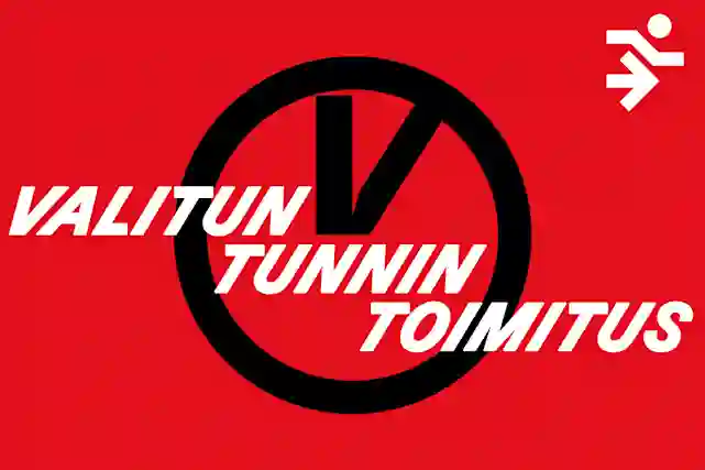 Toimitus juuri silloin kuin haluat! Juoksevalta henkilöltä näyttävä -logo, plus-merkki ja niiden vieressä kello-ikoni, jossa on V-logo viisareina.