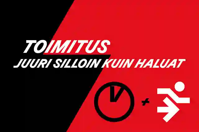 Toimitus juuri silloin kuin haluat! Juoksevalta henkilöltä näyttävä -logo, plus-merkki ja niiden vieressä kello-ikoni, jossa on V-logo viisareina.