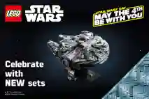 Lego. Star Wars day May the 4th be with you. Celebrate with new sets. Kuvassa Lego Millenium Falcon.