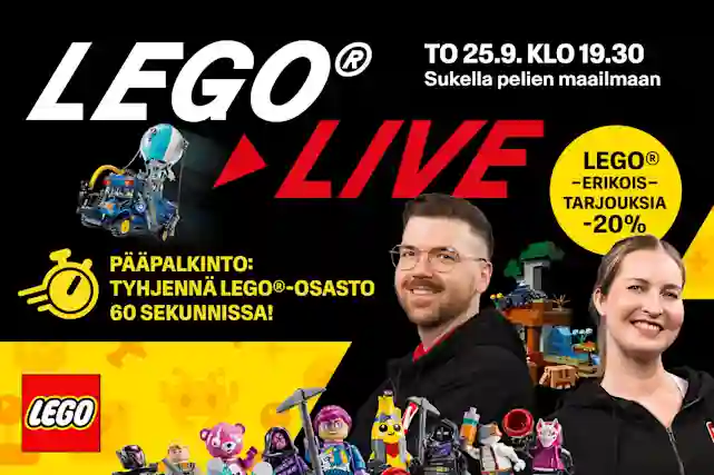 LEGO live To 25.9. Klo 19.30. Pääpalkintona: tyhjennä LEGO-osasto 60 sekunnissa. Lue lisää!