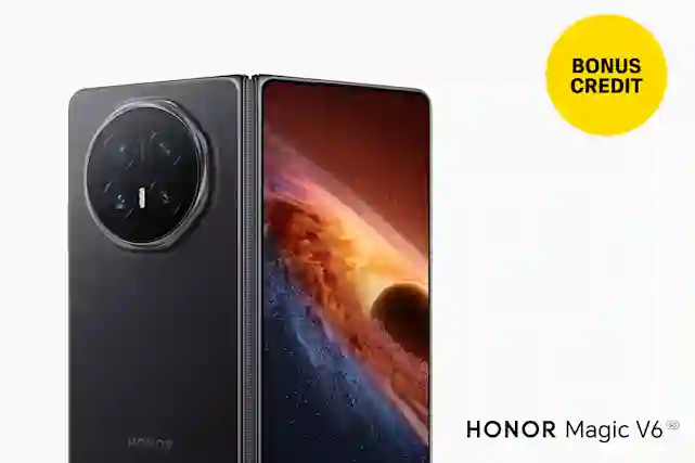 Black Honor Magic V6 5G smartphone featuring a circular quad-camera system and vibrant display. Extra credit in Vaihtokauppa. Read more!