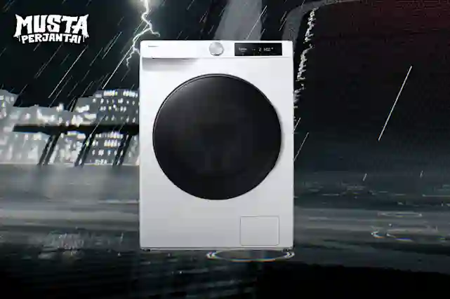 Synkässä ja sateisessa ilmassa seisoo pyykinpesukone. Katso pienten ja suurten kodinkoneiden Musta Perjantai -tarjoukset!