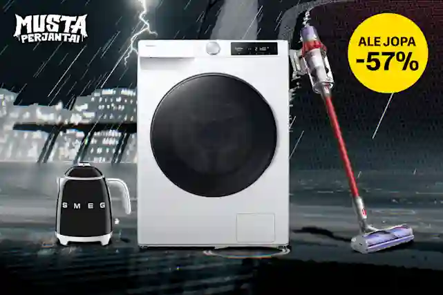 Synkässä ja sateisessa ilmassa seisoo pyykinpesukone. Katso pienten ja suurten kodinkoneiden Musta Perjantai -tarjoukset!