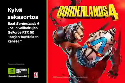 Borderlands 4. Kylvä sekasortoa! Saat Borderlands 4 -pelin valikoitujen GeForce RTX 50 -sarjan tuotteiden kanssa. Geforce RTX. K-18