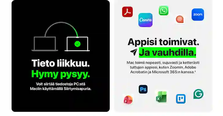 Dataöverföring från PC till Mac med hjälp av Migreringsassistenten. Appikoner som Zoom, Adobe Acrobat och Microsoft 365.