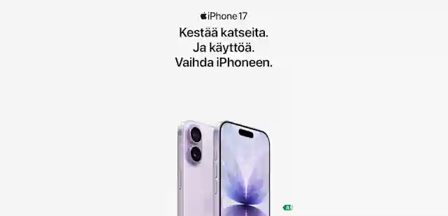 iPhone 17 smartphone on a light background, showing the front and back of the device. Text at the top reads "Built to turn heads. And last. Switch to iPhone." with Apple logo.