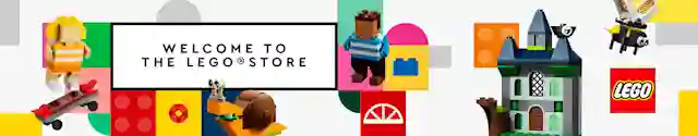 Teksti:"Welcome to the LEGO store". Paljon erilaisia värikkäitä LEGO hahmoja ja rakennuksia.