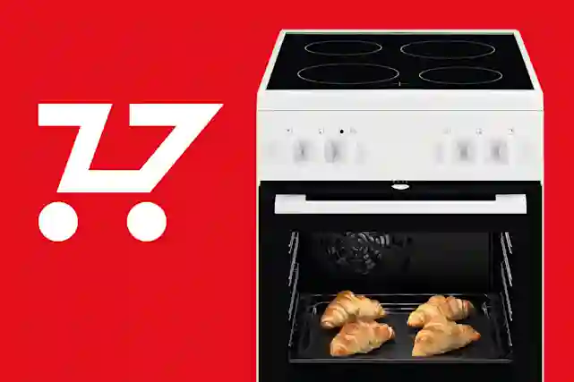 Valkoinen liesi ja vieressä ilmaisen kotiinkuljetuksen logo. 