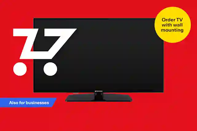 ProCaster TV on a red Verkkokauppa.com background. Features a shopping cart logo, a yellow badge reading "Order TV with wall installation," and text saying "Also for businesses."