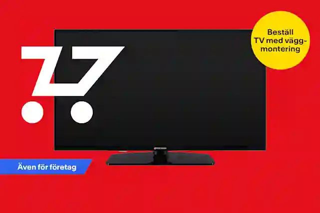 Röd Verkkokauppa.com-bakgrund med en ProCaster-tv i mitten. En gul cirkel med texten ”Beställ TV:n färdigmonterad på väggen” och en kundvagnsikon. Bredvid tv:n står texten ”Även för företag”.