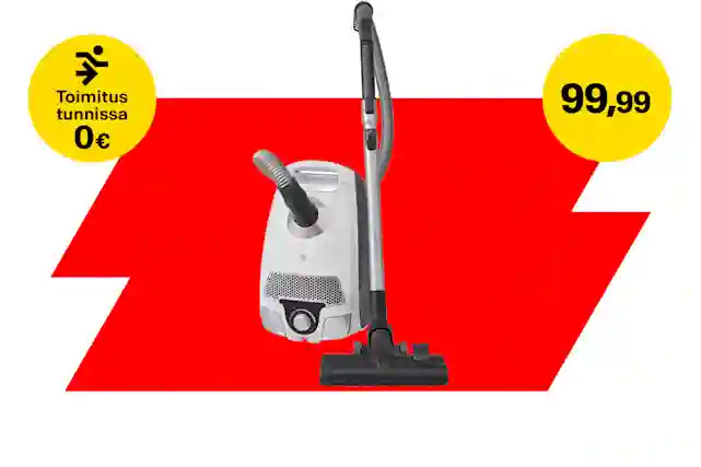 Ströme PowerClean pussillinen pölynimuri edestä kuvattuna. Taustalla punainen graafinen tarjouspohja. Vasemmalla keltainen huomiopallo, jossa teksti 'Toimitus tunnissa 0 €'. Oikealla keltainen huomiopallo, jossa hinta 99,99