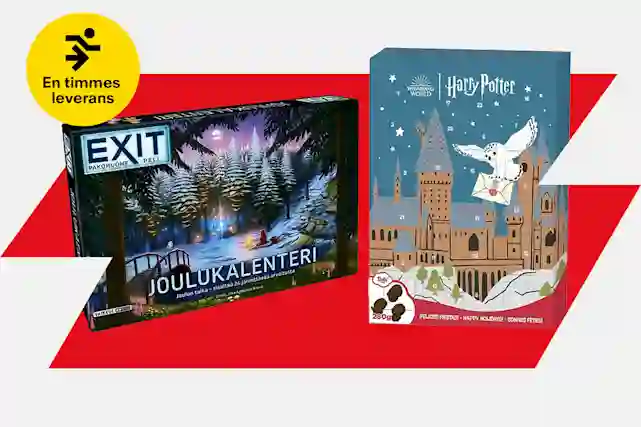 EXIT-spel adventskalender och Harry Potter-adventskalender på röd bakgrund. Leverans inom en timme-märke.